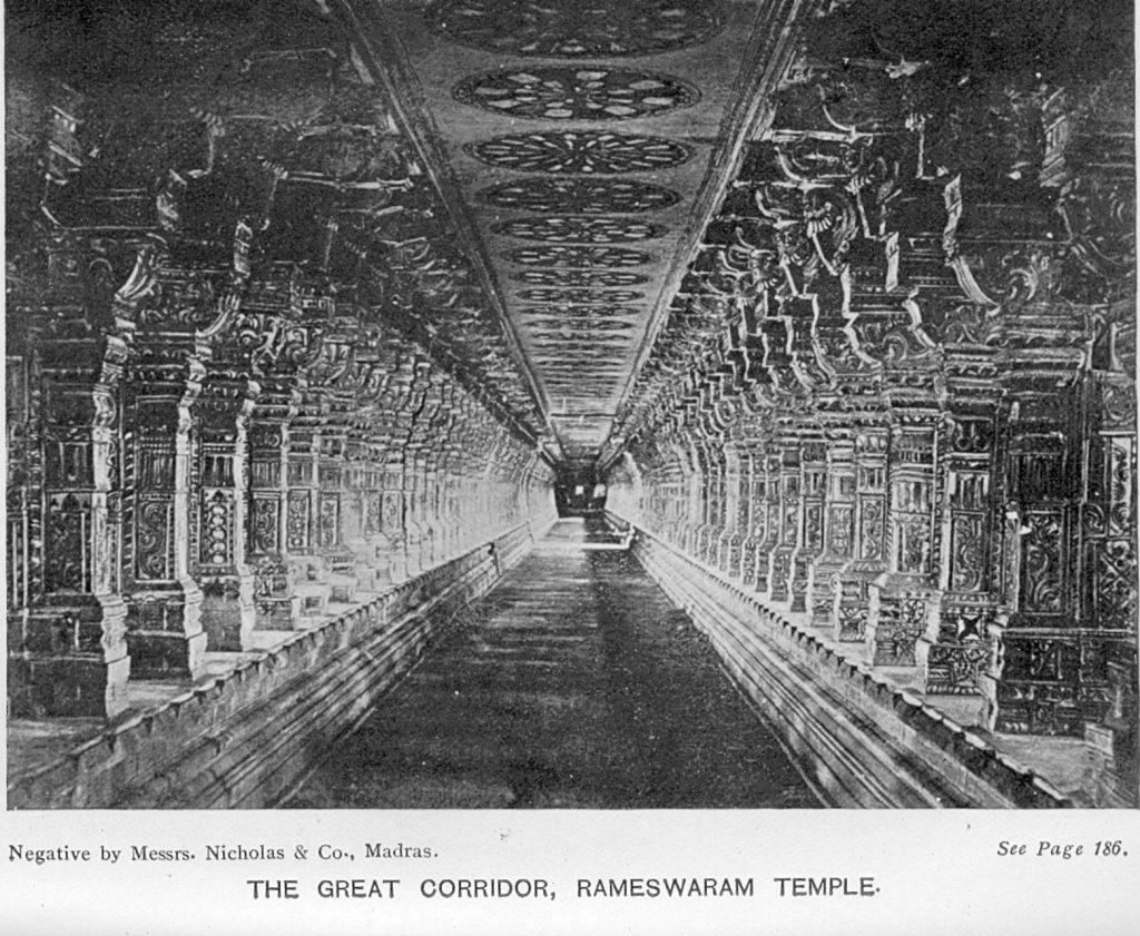 A historic image of the temple corridor. The corridor is the longest for any Hindu temple in India. Image Credit: Wikimedia Commons.