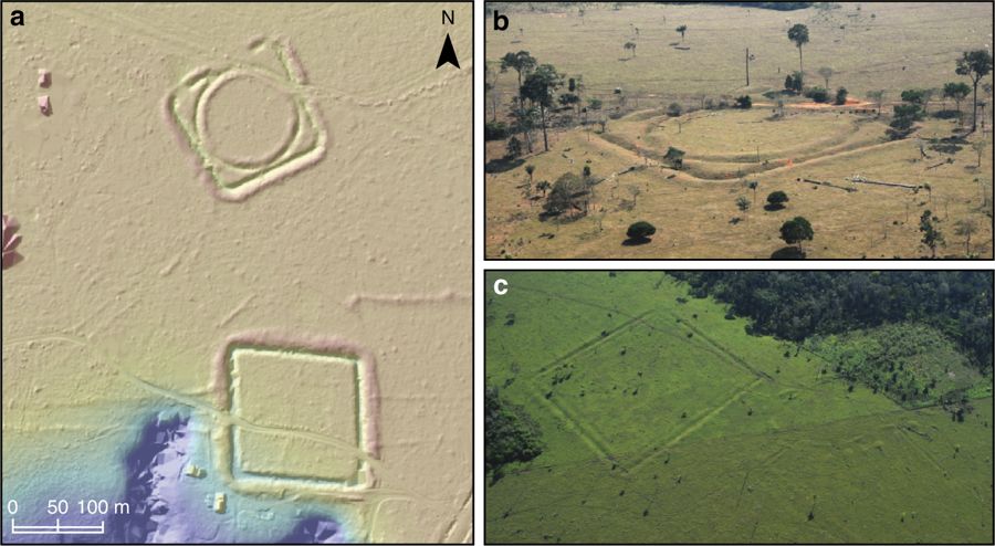 Geoglyphs and mounded ring villages. a LiDAR digital terrain model of the Jacó Sá site showing geometric ditched enclosures, walled enclosures and avenues. Scale bar = 100 m. b Aerial photo of one of the structures at Jacó Sá site. c Aerial photo of Fonte Boa site showing a mounded ring village with radiating roads (right) built next to an earlier geometric enclosure (left). Aerial photographs are part of the collection of CNPq research group Geoglyphs of Western Amazonia directed by Denise Schaan.