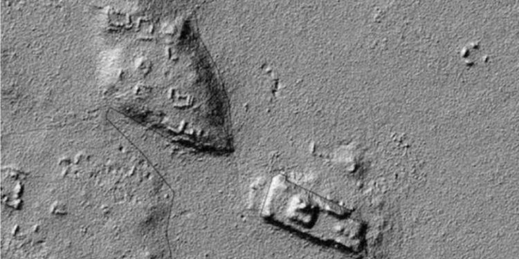 LiDAR imagery showing ancient Maya structures beneath dense layers of vegetation.