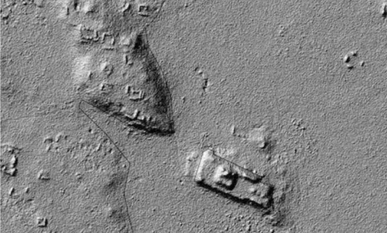 LiDAR imagery showing ancient Maya structures beneath dense layers of vegetation.