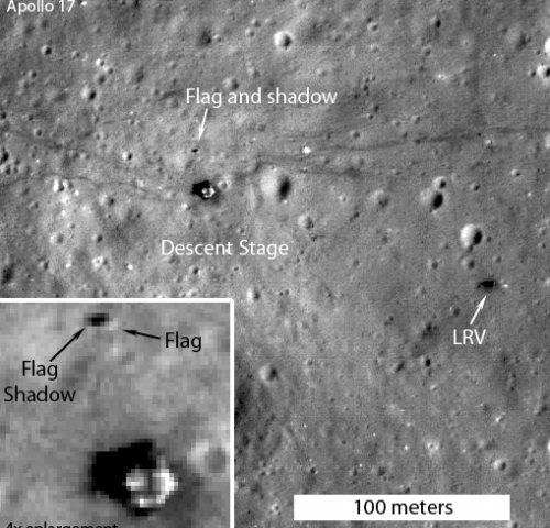 In 2012, the LRO mission captured images of the American flags planted at the Apollo landing sites. This one is from the Apollo 17 landing site, via NASA/GSFC/Arizona State University/Phys.org.