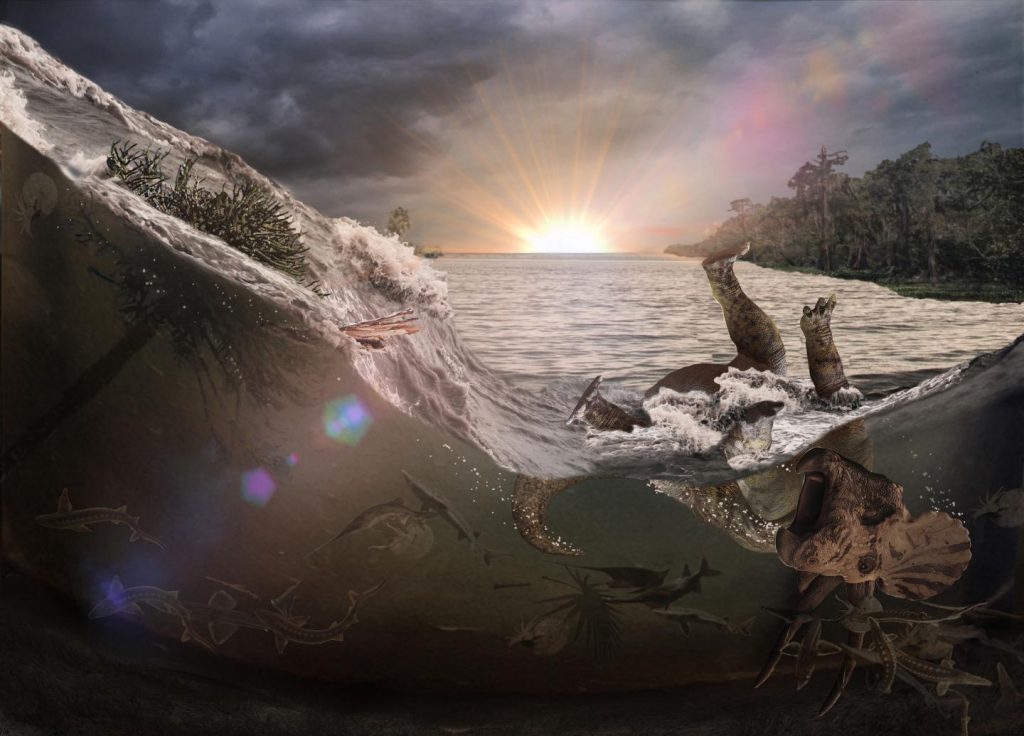 A meteor impact 66 million years ago generated a tsunami-like wave in an inland sea that killed and buried fish, mammals, insects and a dinosaur (Triceratops), the first victims of a cataclysm that led to Earth's last mass extinction. The death scene from within an hour of the impact has been excavated at an unprecedented fossil site in North Dakota. Image Credit: Graphic courtesy of Robert DePalma.