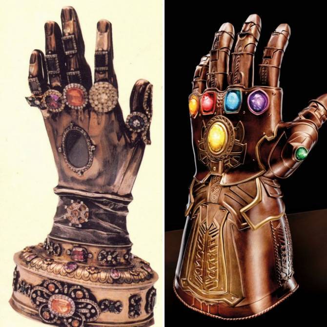 To the left, the reliquary containing Saint Teresa of Jesus incorrupt hand. To the right the Infinity gauntlet from Marvel.
