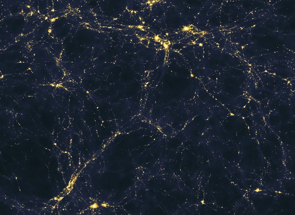 Seen below is a computer simulated image of an area of space more than 50 million light-years across, presenting a possible large-scale distribution of light sources in the universe—precise relative contributions of galaxies and quasars are unclear.
