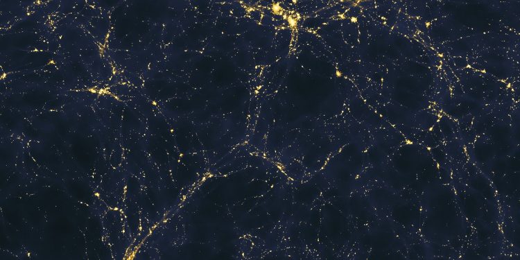 Seen below is a computer simulated image of an area of space more than 50 million light-years across, presenting a possible large-scale distribution of light sources in the universe—precise relative contributions of galaxies and quasars are unclear.