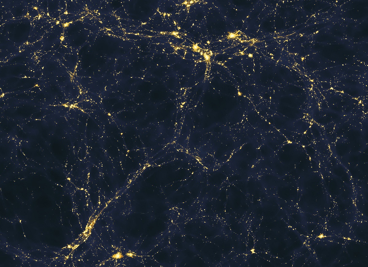 Seen below is a computer simulated image of an area of space more than 50 million light-years across, presenting a possible large-scale distribution of light sources in the universe—precise relative contributions of galaxies and quasars are unclear.