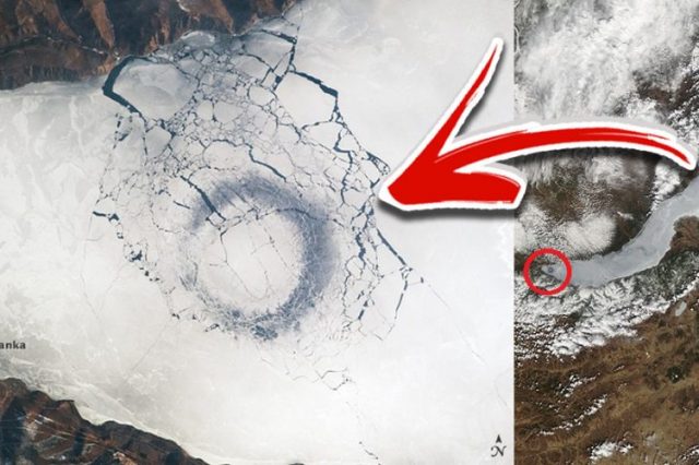 The mysterious ice circles on Lake Baikal, as seen from space. Image Credit: NASA.