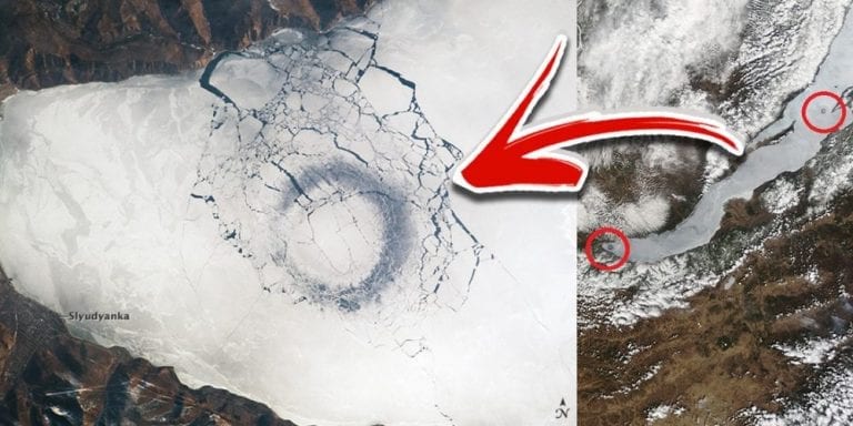 The mysterious ice circles on Lake Baikal, as seen from space. Image Credit: NASA.