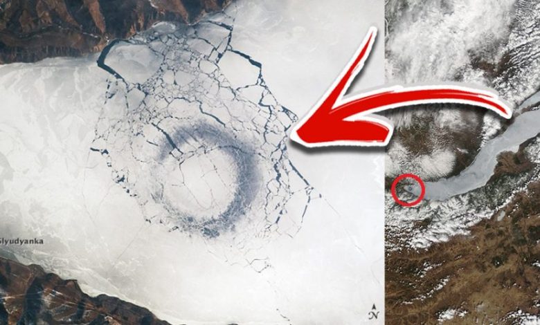 The mysterious ice circles on Lake Baikal, as seen from space. Image Credit: NASA.
