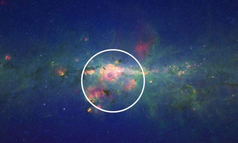 The center of the Milky Way Galaxy as seen in infrared light. Image Credit: NASA/JPL-Caltech.