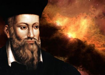 Artists rendering showing Nostradamus and a fire in the background.