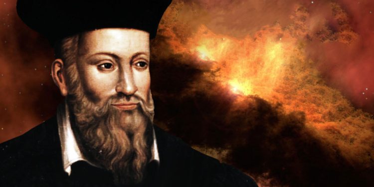 Artists rendering showing Nostradamus and a fire in the background.