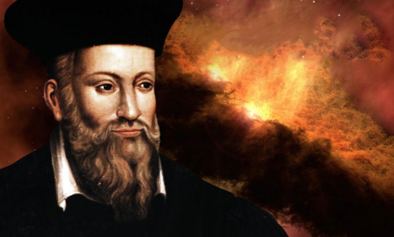 Artists rendering showing Nostradamus and a fire in the background.