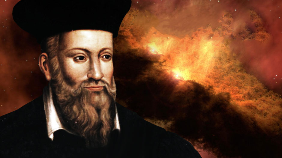 Artists rendering showing Nostradamus and a fire in the background.