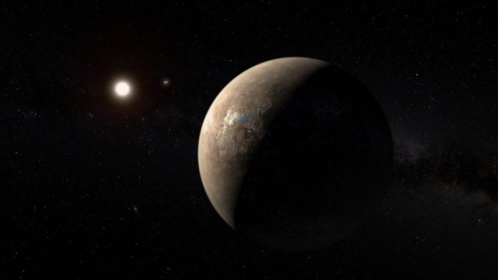 Artist's impression of the exoplanet Proxima Centauri b shown as of a arid (but not completely water-free) rocky Super-Earth. This appearance is one of several possible outcomes of current theories regarding the development of this exoplanet, while the actual look and structure of the planet is known in no ways at this time. Proxima Centauri b is the closest exoplanet to the Sun and also the closest potentially habitable exoplanet as well. Image Credit: Wikimedia Commons.