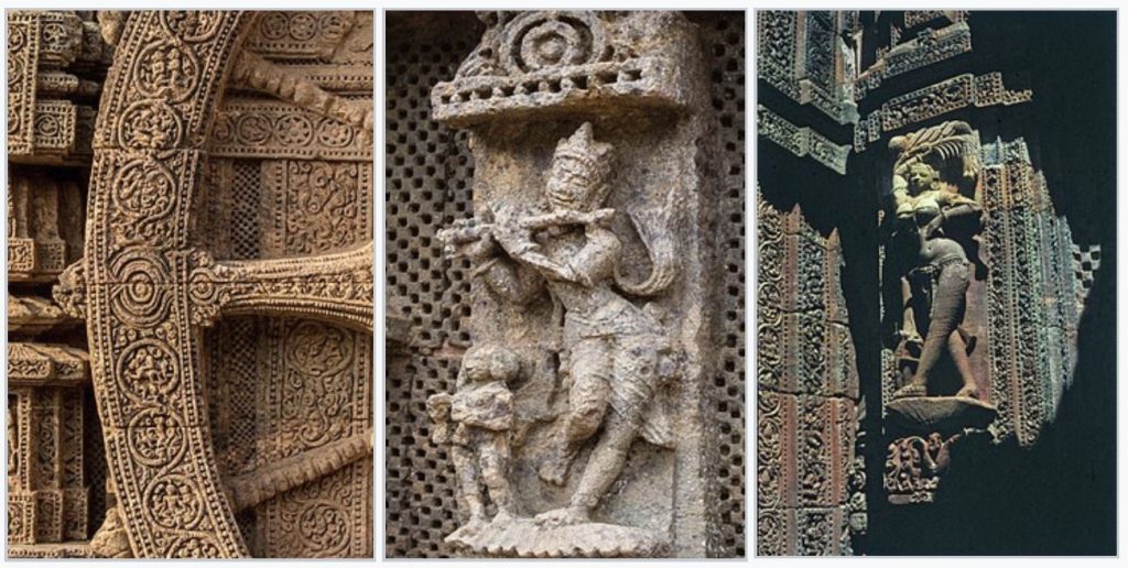 Some of the reliefs and sculptures at the Konark Sun Temple. Image Credit: Wikimedia Commons.