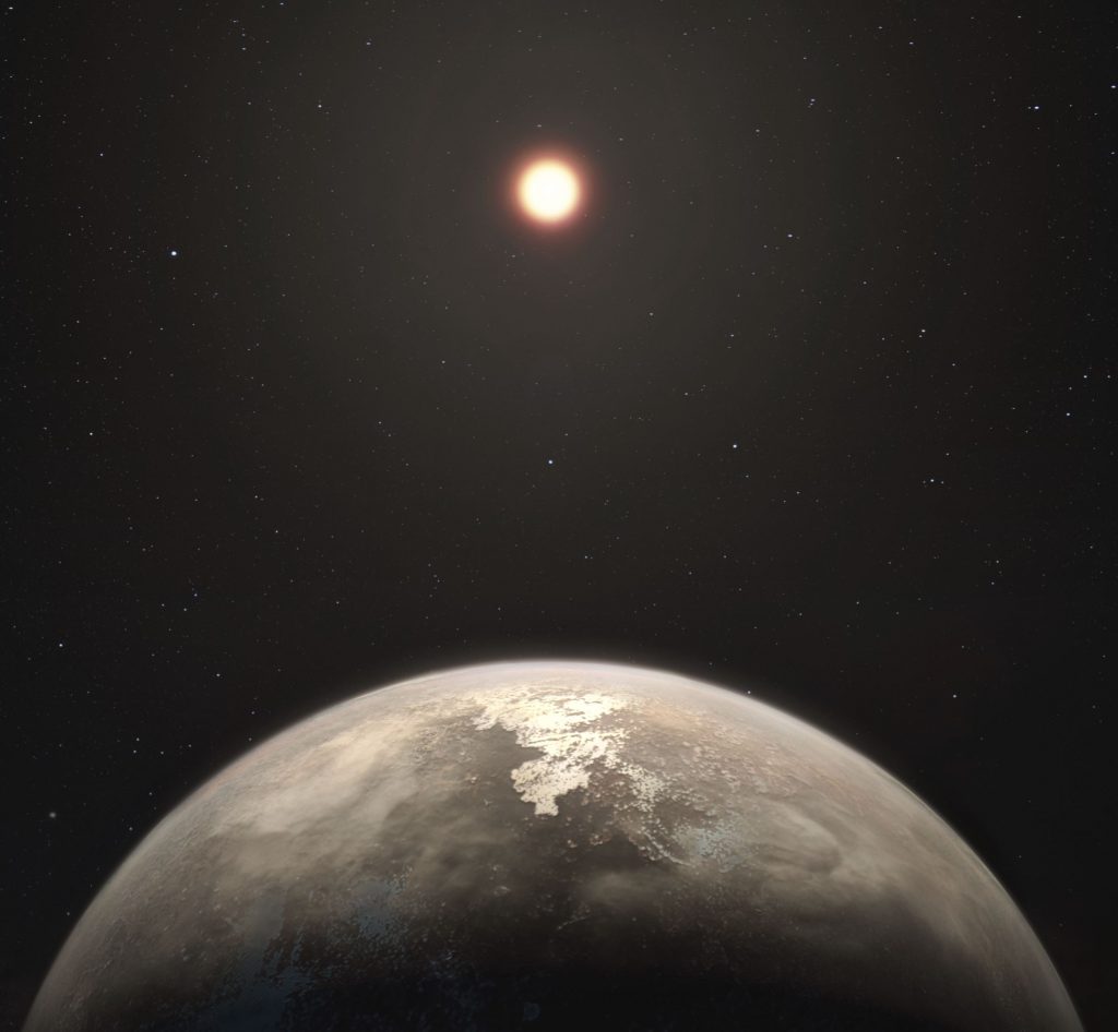 This artist’s impression shows the temperate planet Ross 128 b, with its red dwarf parent star in the background. This planet, which lies only 11 light-years from Earth, was found by a team using ESO’s unique planet-hunting HARPS instrument. Image Credit: Wikimedia Commons.