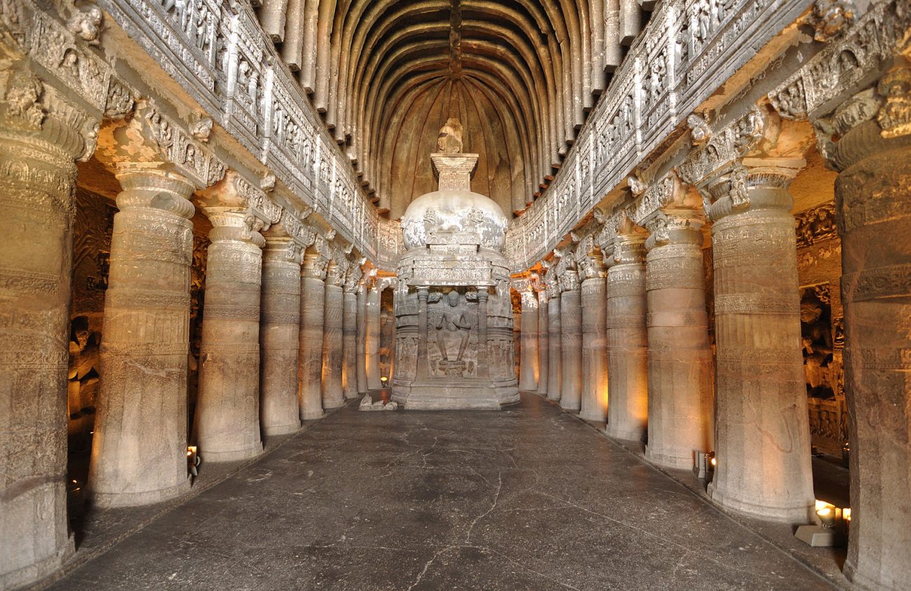 View of Cave 26, which is a Buddhist "Chaitya Griha" or prayer hall. Image Credit: Wikimedia Commons.