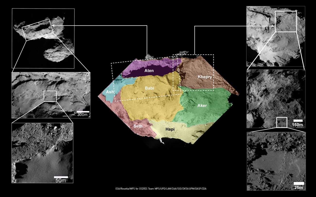 Context image showing details of Comet 67P/Churyumov–Gerasimenko’s surface features close to regional boundaries on the comet’s large lobe. Credit: ESA/Rosetta/MPS for OSIRIS Team MPS/UPD/LAM/IAA/SSO/INTA/UPM/DASP/IDA.