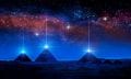An artists illustration of pyramids with a glowing pyramidion. Shutterstock.