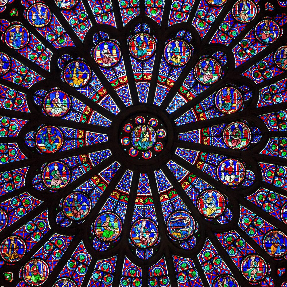 The North Rose window at Notre Dame cathedral dates from 1250 and is also 12.9 meters in diameter. Its main theme is the Old Testament. Shutterstock.