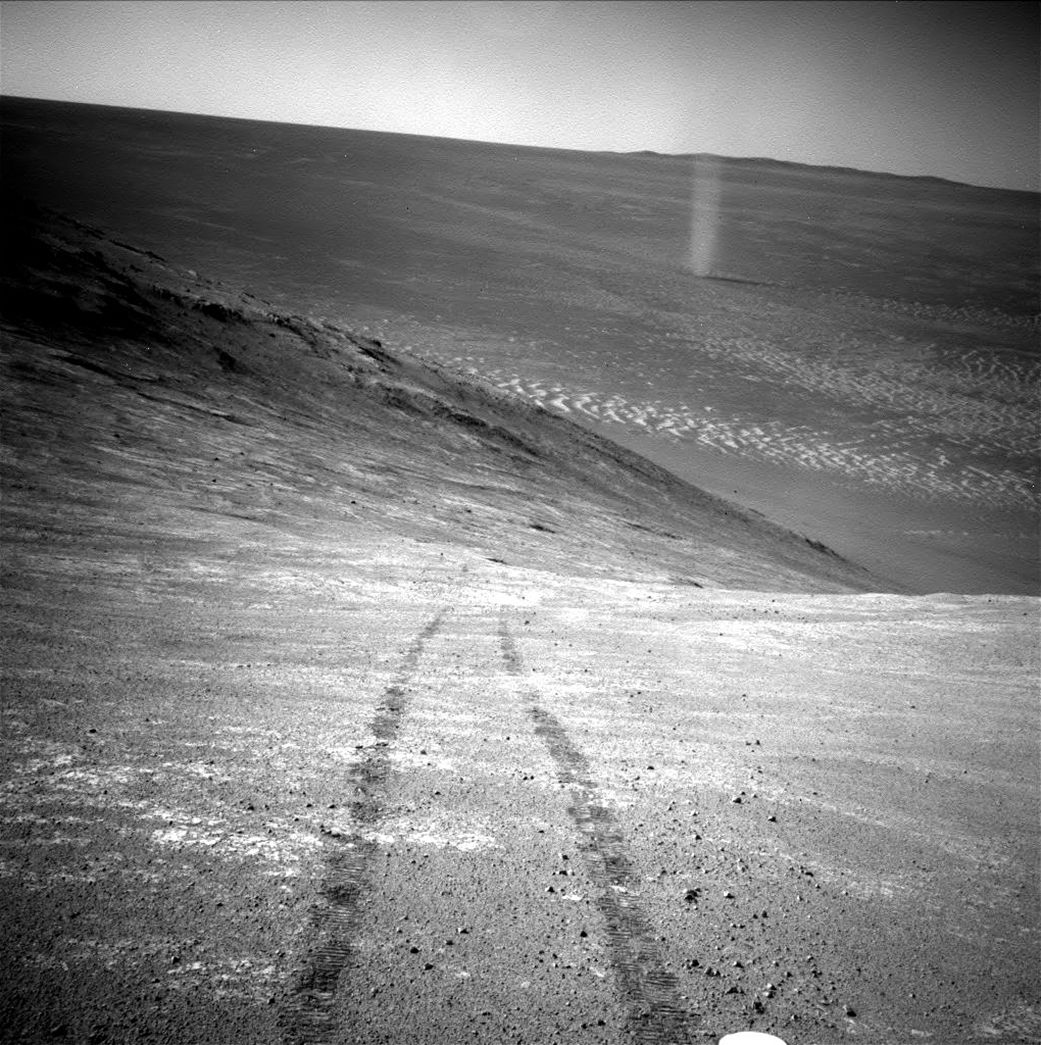 A Martian dust devil photographed by the Opportunity Rover. Image Credit: NASA/JPL-Caltech.