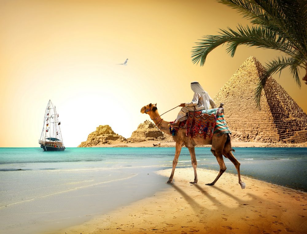 Artists rendering of the Pyramids, a camel and a boat. Shutterstock.