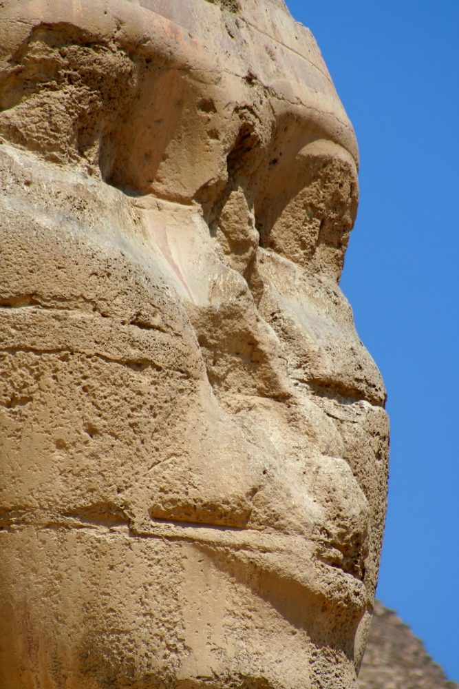 A close-up image of the head of the Great Sphinx. Shutterstock.