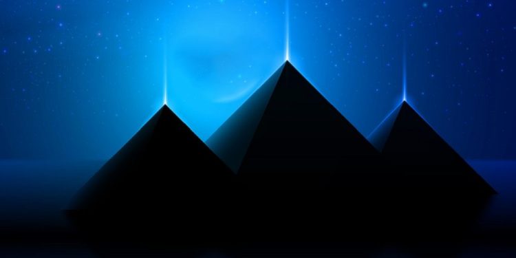 An artists illustration of three pyramids that shine. Shutterstock.