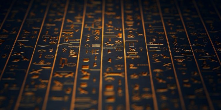 Golden Ancient Egyptian Hieroglyphs. Shutterstock.