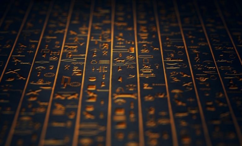 Golden Ancient Egyptian Hieroglyphs. Shutterstock.