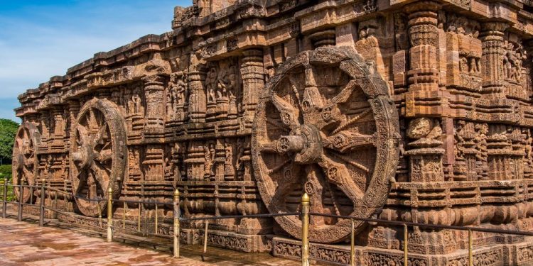 An image of the design motifs of the Konark Sun Temple. The temple is designed as a chariot consisting of 24 such wheels. Shutterstock.