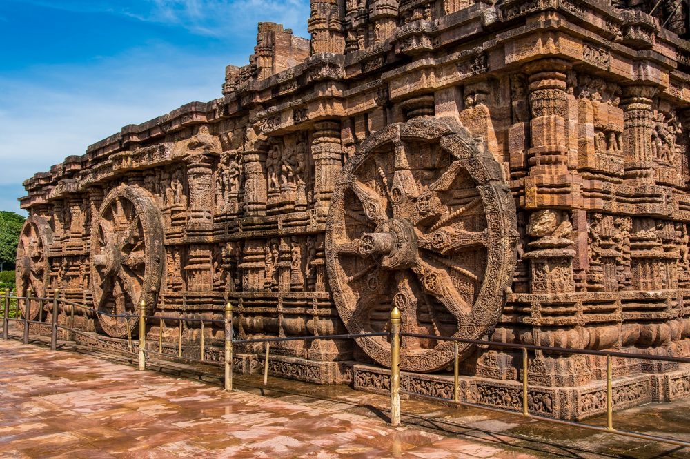 An image of the design motifs of the Konark Sun Temple. The temple is designed as a chariot consisting of 24 such wheels. Shutterstock.