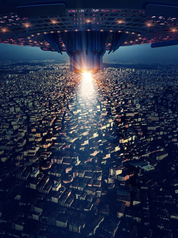 Artists illustration of a UFO above a city. Shutterstock.