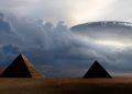 Artists rendering of a UFO over the Pyramids at Giza. Shutterstock.