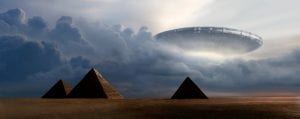 Artists rendering of a UFO over the Pyramids at Giza. Shutterstock.