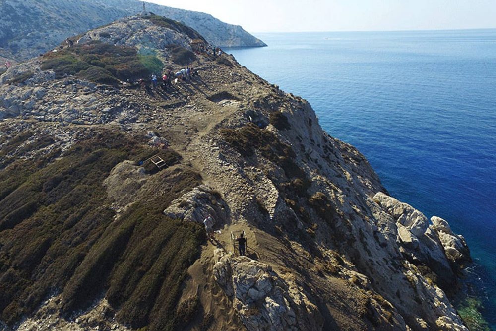 A complex set of 60 marble buildings uncovered on a pyramid-shaped islet in Greece. Ministry of Culture/British School at Athens.