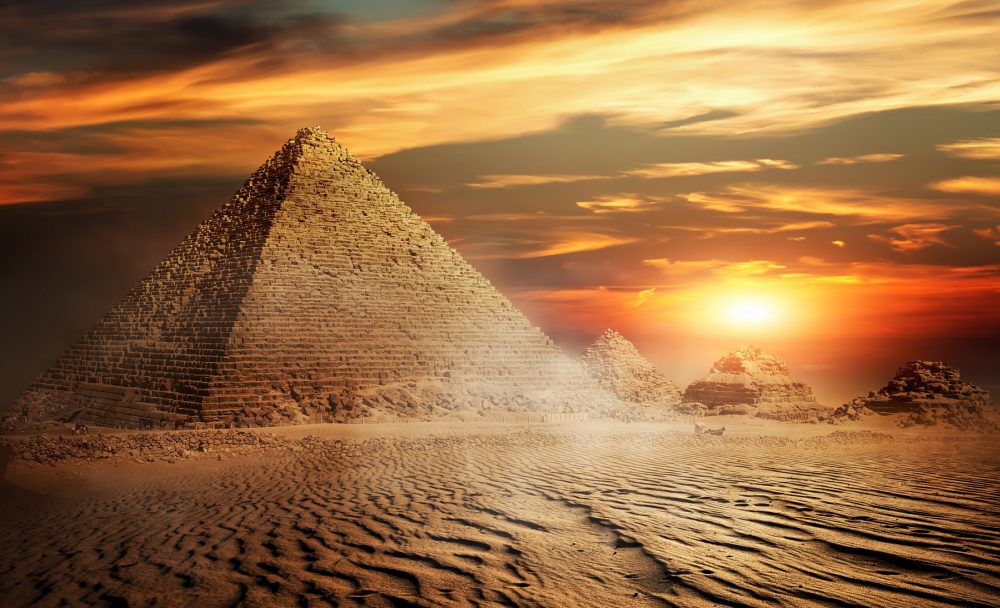 An Egyptian Pyramid and sunset. Shutterstock.