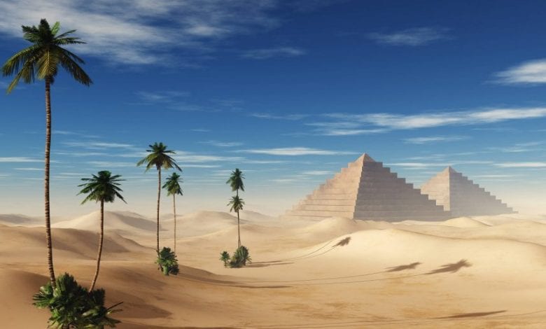 An artists rendering of pyramids in the desert. Shutterstock.