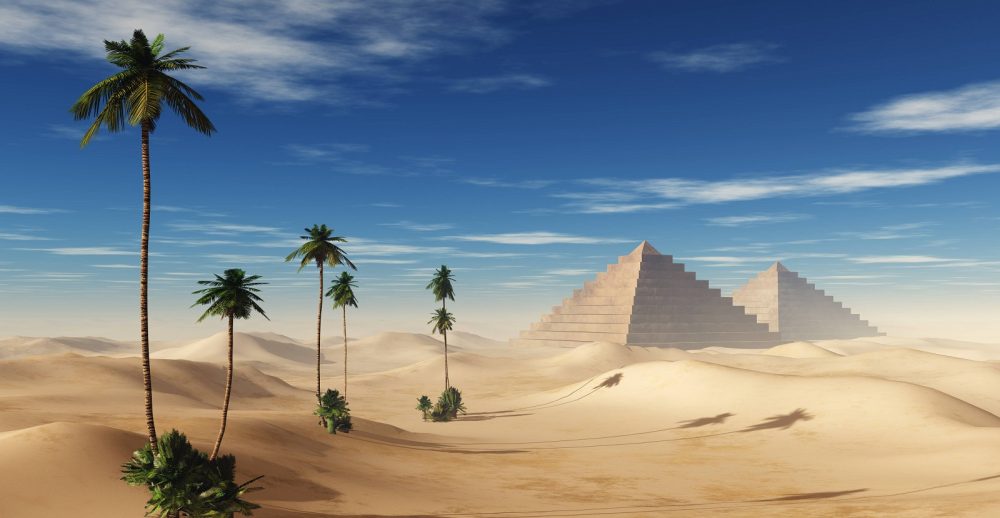 An artists rendering of pyramids in the desert. Shutterstock.