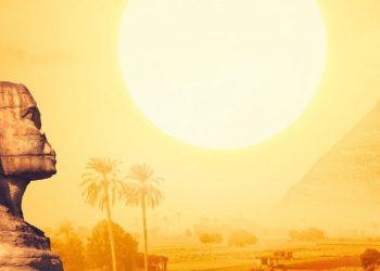 An illustration depicting the Sphinx, the sun and the pyramid. Shutterstock.
