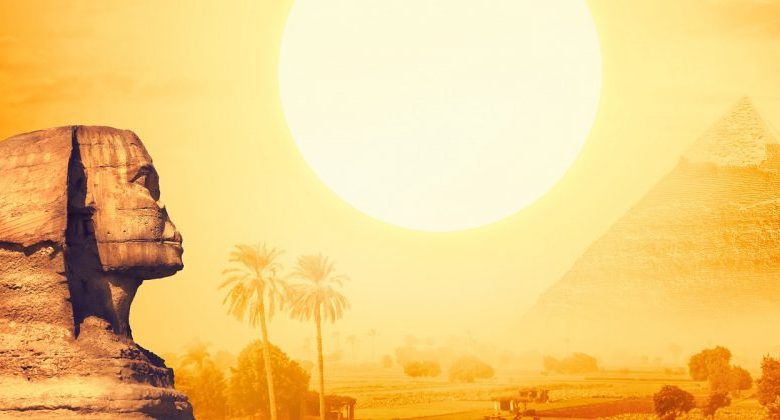 An illustration depicting the Sphinx, the sun and the pyramid. Shutterstock.