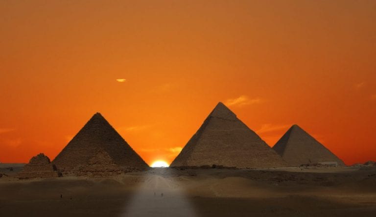 The Pyramids at Giza at sunset. Shutterstock.