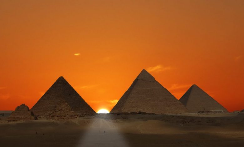 The Pyramids at Giza at sunset. Shutterstock.