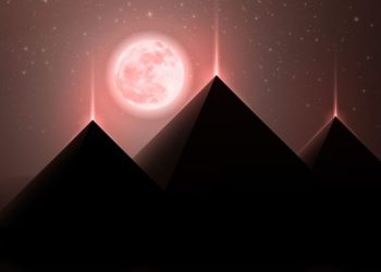 An artists rendering of the three pyramids at Giza and the Moon. Shutterstock.