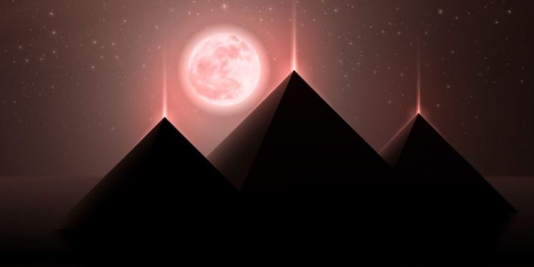 An artists rendering of the three pyramids at Giza and the Moon. Shutterstock.