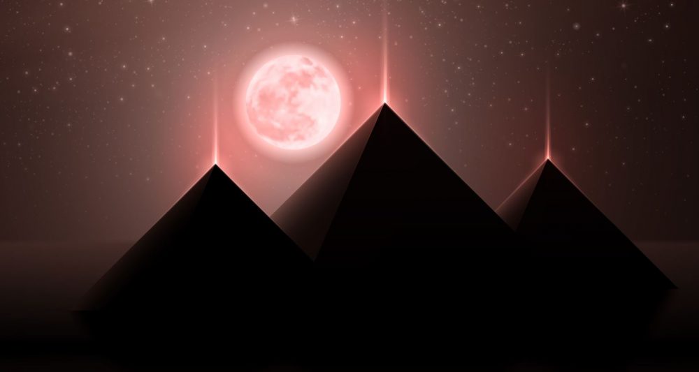 An artists rendering of the three pyramids at Giza and the Moon. Shutterstock.