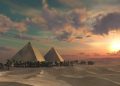 An artists rendering of the pyramids at Sunset. Shutterstock.