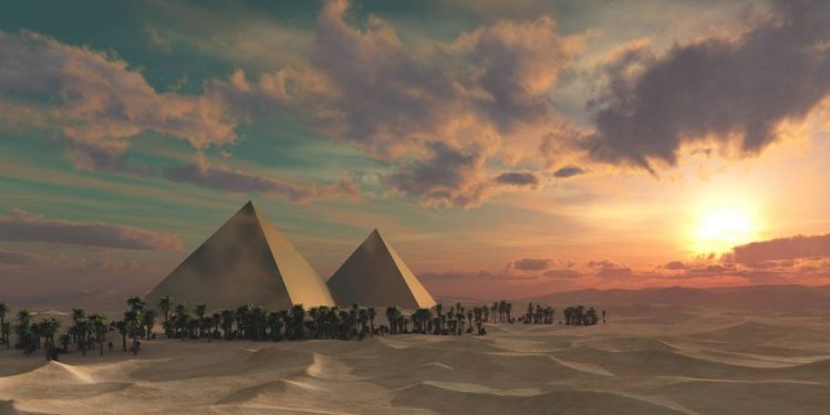 An artists rendering of the pyramids at Sunset. Shutterstock.