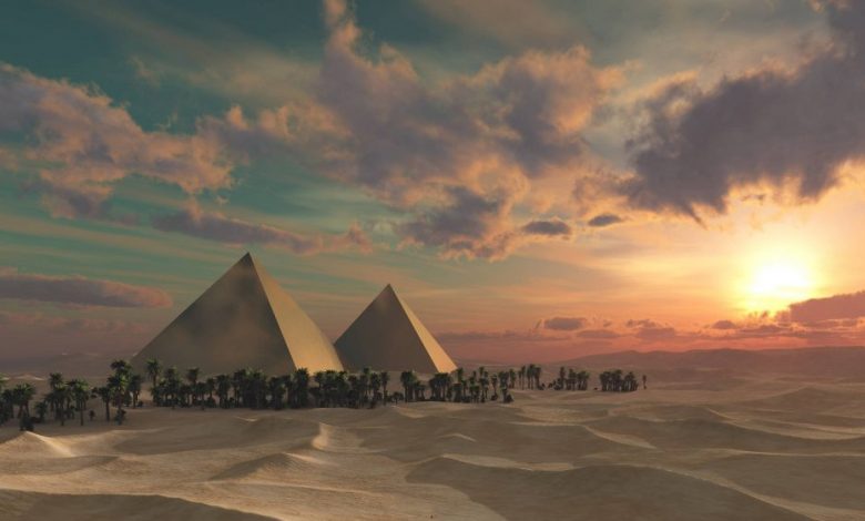 An artists rendering of the pyramids at Sunset. Shutterstock.